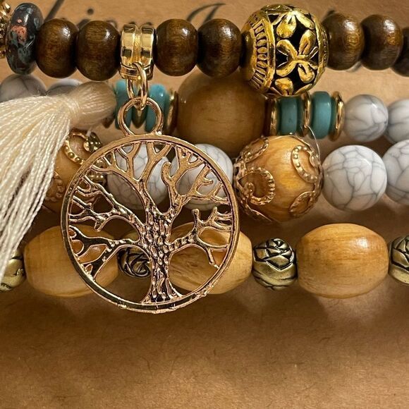 Stackable Boho Wooden Beaded Bracelets (4 Total) (NEW) - Picture 3 of 9